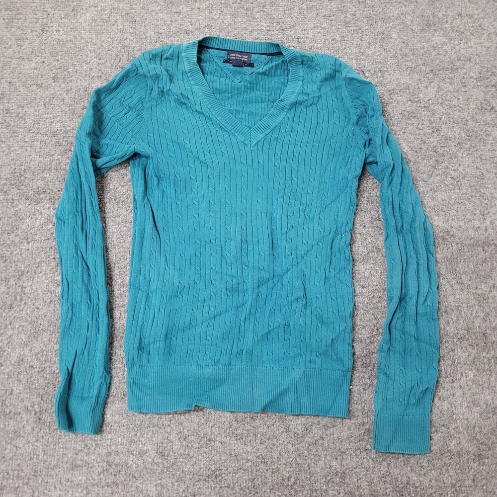 Tommy Hilfiger Sweater Womens Size M Teal Pima Cotton Cable Knit V-Neck Slim Fit
